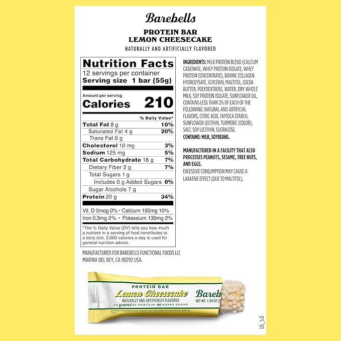 Barebells Protein Bars Lemon Cheesecake - Pack of 12, 20g High Protein Treats - Chocolate Nutrition Bar with 1g Total Sugars - On-The-Go Breakfast or Post-Workout Snack