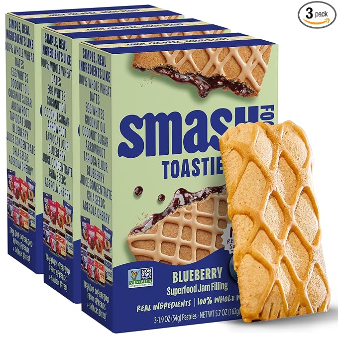 Smash Foods Toasties Variety 3 Pack – Healthy Whole Wheat Toaster Pastries Strawberry, Blueberry, Grape – No Refined Sugar, Real Fruit Filling – 9 Pastries Total – Non-GMO, Simple Real Ingredients (Blueberry)