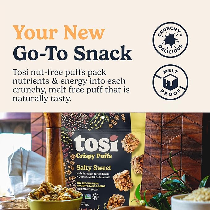 Tosi Crispy Puffs (3oz, 6 Pack), Vegan Crunchy Snacks, 8g Plant Based Protein, Nut-Free, Allergen Friendly, Healthy Snacks for Adults & Kids, Gluten Free Treats, Ancient Grains (Super Variety)