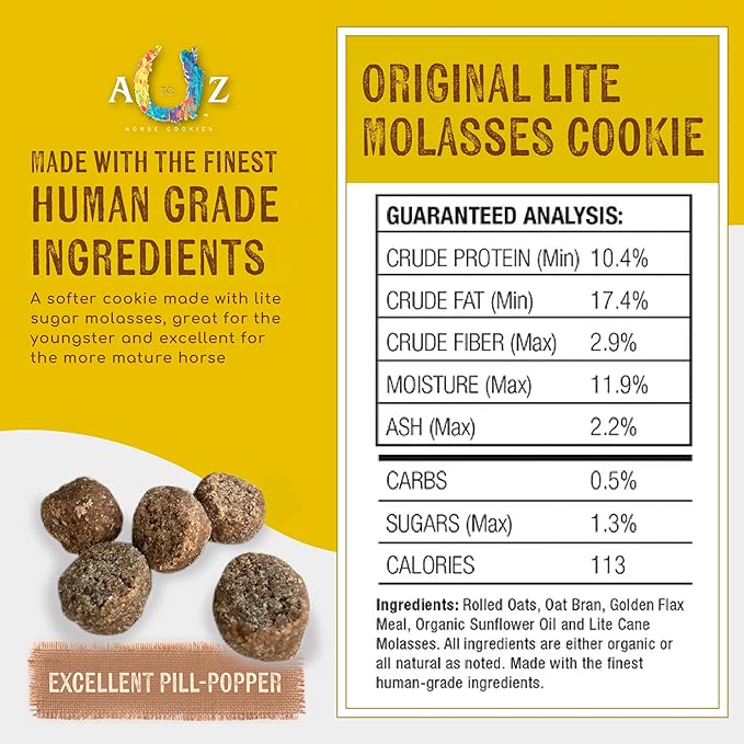 A TO Z HORSE COOKIES Horse Treats, Original Flavor, A Softer Cookie/Pill Popper Made w/Lite Molasses, Low Carb/Sugar, Wheat, Corn, Soy & Alfalfa Free. All Natural Ingredients, 4.5 lb