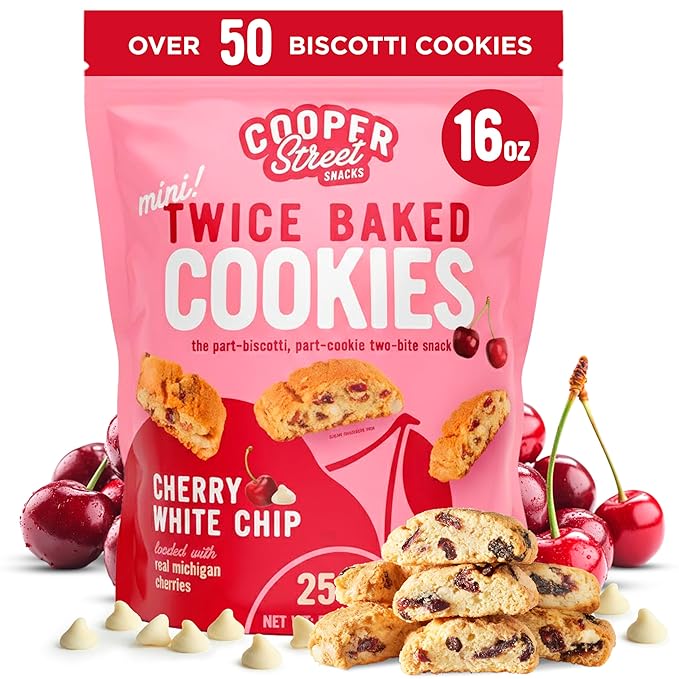 Cooper Street Twice-Baked Cherry White Chip Biscotti Cookies (16 oz) – Over 50 Biscotti Cookies per Bag Loaded with Real Fruit, Traditional Italian Style Snacks - Dairy, Peanut & Soy Free, Kosher