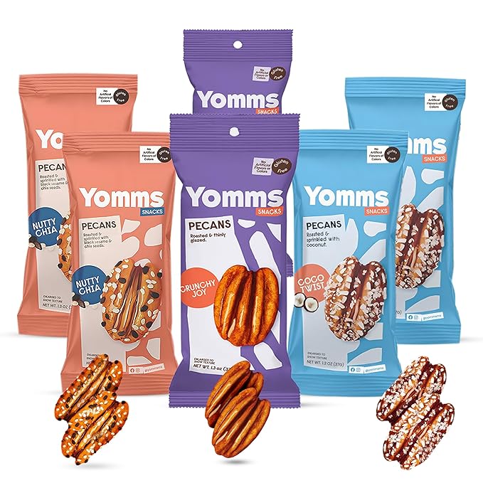 Yomms Gourmet Glazed Whole Pecan Halves Variety Pack, 7.8 oz (6 Pack), Gluten-Free & Non-GMO Healthy Dessert Snacks – Low Sugar Candied Nut Pouches – Coco Twist, Nutty Chia, Crunchy Joy – 1.3oz Individual Bags