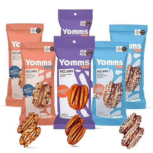 Yomms Gourmet Glazed Whole Pecan Halves Variety Pack, 7.8 oz (6 Pack), Gluten-Free & Non-GMO Healthy Dessert Snacks – Low Sugar Candied Nut Pouches – Coco Twist, Nutty Chia, Crunchy Joy – 1.3oz Individual Bags