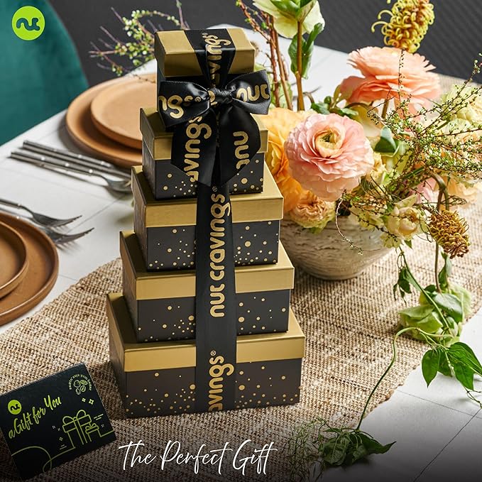 NUT CRAVINGS - Valentines Day Chocolate Covered Pretzels & Caramel Popcorn Gift Basket, Black Tower + Ribbon (8 Assortments) Sweet Treats Food Arrangement, Healthy Snack Care Package, Kosher