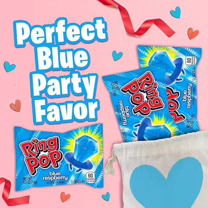 Ring Pop Blue Candy, 30 Ct Individually Wrapped Bulk Lollipop Pack, Blue Raspberry Flavored Lollipop Suckers for Kids, Fun Candy Bulk for Valentine's Gifts, Goodie Bags, Party Favors