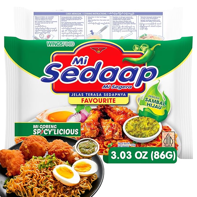 Mi Sedaap Instant Noodle Spicylicious Flavor, Fried Noodles with Green Chili Sambal, 3.03 oz (Pack of 40), Halal, Spicy Beef Ramen Noodles Bulk