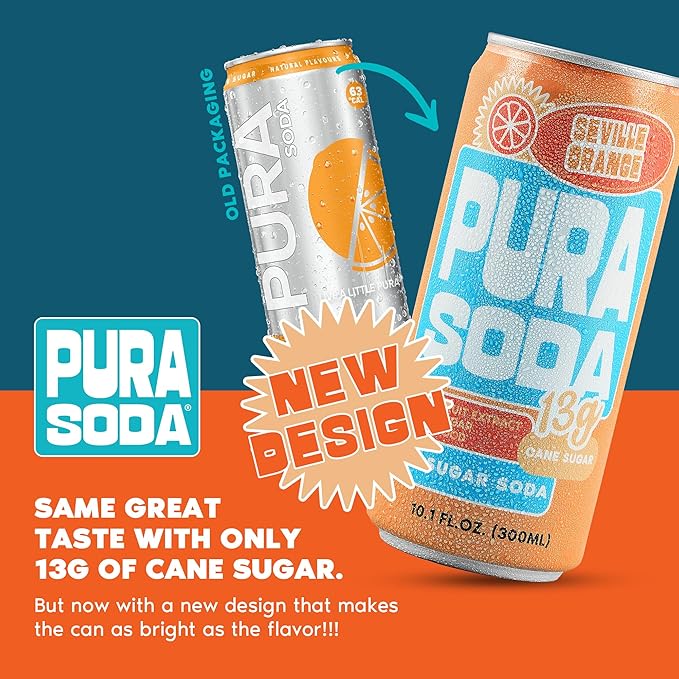 PuraSoda® Seville Orange | Low-Calorie, Cane Sugar Soda, Beverage | Non-GMO, Vegan | Made with Pure Cane Sugar, Clean & Refreshing | 10.1 fl oz (300ml) Cans, Pack of 24