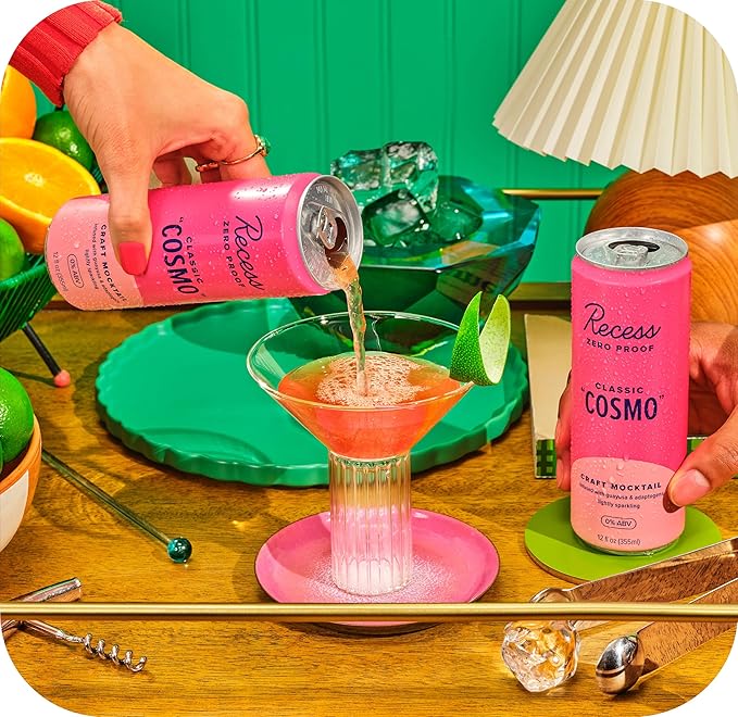 Recess Zero Proof Craft Mocktails, Alcohol Free Drinks, With Adaptogens, Non-Alcoholic Beverage Replacement, Mixer, Celebration, Party, (Classic Cosmo, 12oz, Pack of 12)