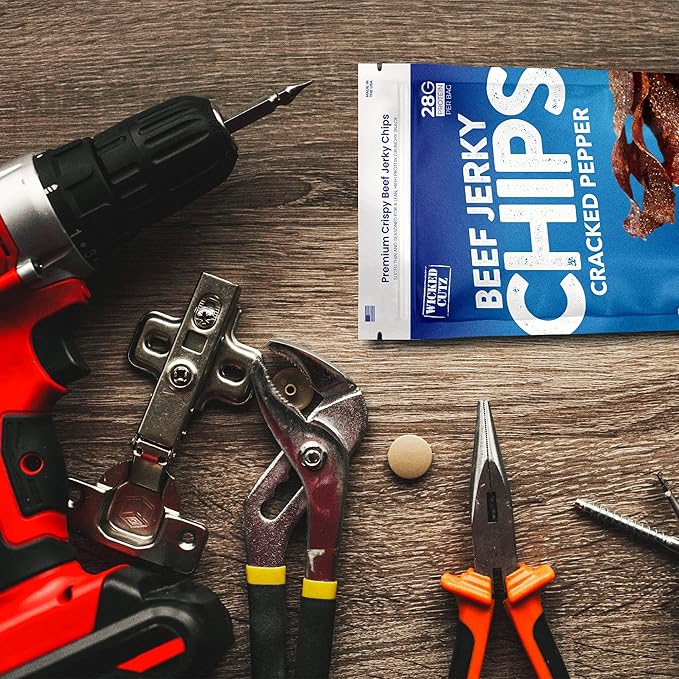 Wicked Cutz Cracked Pepper Beef Jerky Chips, 28g Protein per Bag, Crispy & Crunchy Beef Jerky Crisps, USA Made Pepper Flavored Chips, High Protein Carnivore Snacks (2 Bags)