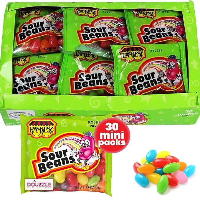 DOUzzle Valentines Day Sweet Treats, Sour Jelly Beans Chewy Candies, Mini Packs (30 Count, 1 Pack) Individually Wrapped, Party Favor, Goodie Bag & Pinata Filler - Kosher Parve