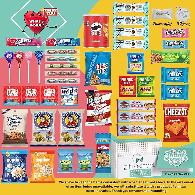 Gift A Snack - Thank You Snack Box Variety Pack Care Package + Greeting Card (45 Count) Appreciation Sweet Treats Gift Basket, Candies Chips Crackers Bars - Office Food Assortments