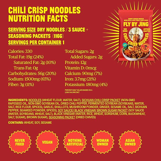 FLYBYJING Chili Crisp Noodles - Sun-Dried, Wavy Asian Instant Noodles Tossed in Sichuan Chili Crisp Sauce - Ready in 6 Minutes - Vegan, High Protein, No MSG, 4.02 oz (Pack of 6)
