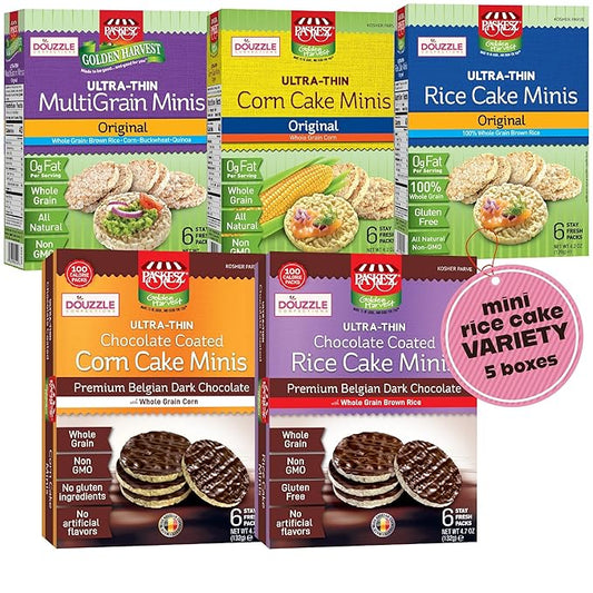 DOUzzle Ultra-Thin Rice & Corn Cake Minis Vareity Pack - Rice, Corn, Multigrain & Chocolate-Coated Assortment (5 Pack) Individully Wrapped, Whole Grain, Non-GMO - Kosher Parve
