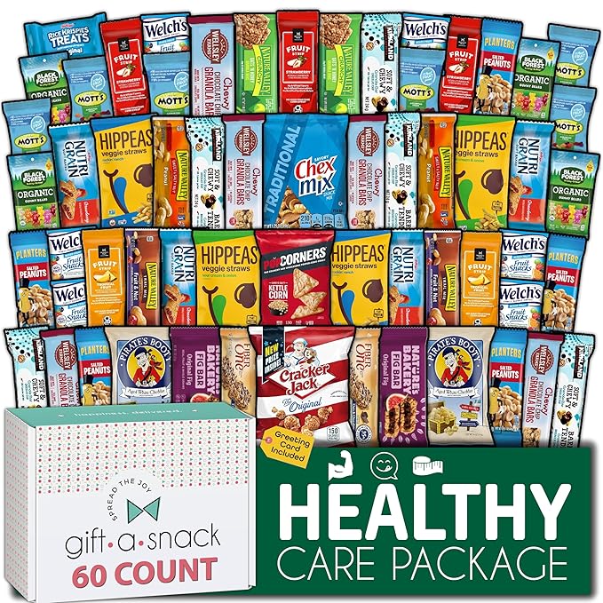 Gift A Snack - Valentines Day Healthy Snack Box Care Package + Greeting Card (60 Count) Birthday Treats Gift Basket, Nutritious Granola Breakfast Bars Office Food Assortments & Variety Gifts