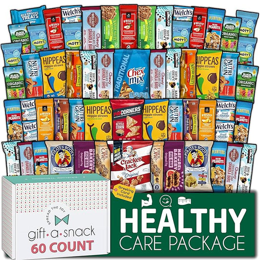 Gift A Snack - Valentines Day Healthy Snack Box Care Package + Greeting Card (60 Count) Birthday Treats Gift Basket, Nutritious Granola Breakfast Bars Office Food Assortments & Variety Gifts