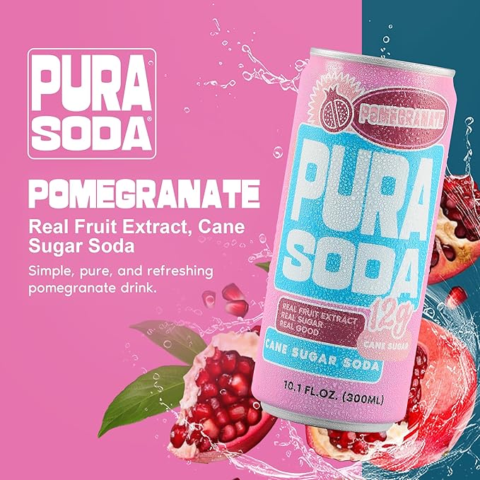 PuraSoda® Pomegranate | Low-Calorie, Cane Sugar Soda Beverage | Non-GMO, Vegan | Made with Pure Cane Sugar, Clean & Refreshing | 10.1 fl oz (300ml) Cans, Pack of 24