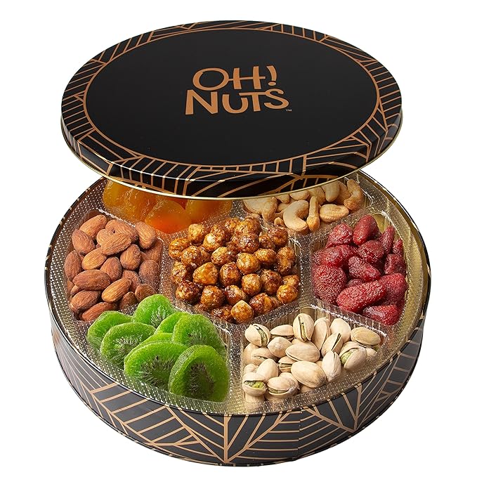 Oh! Nuts 7 Section Dried Fruits and Nuts Gift Basket - Gourmet Assorted Fruit & Nut Gifts Baskets - Healthy Food Round Metal Tin Box - Festive Gifts for Holiday, Birthday, Corporate Women & Men