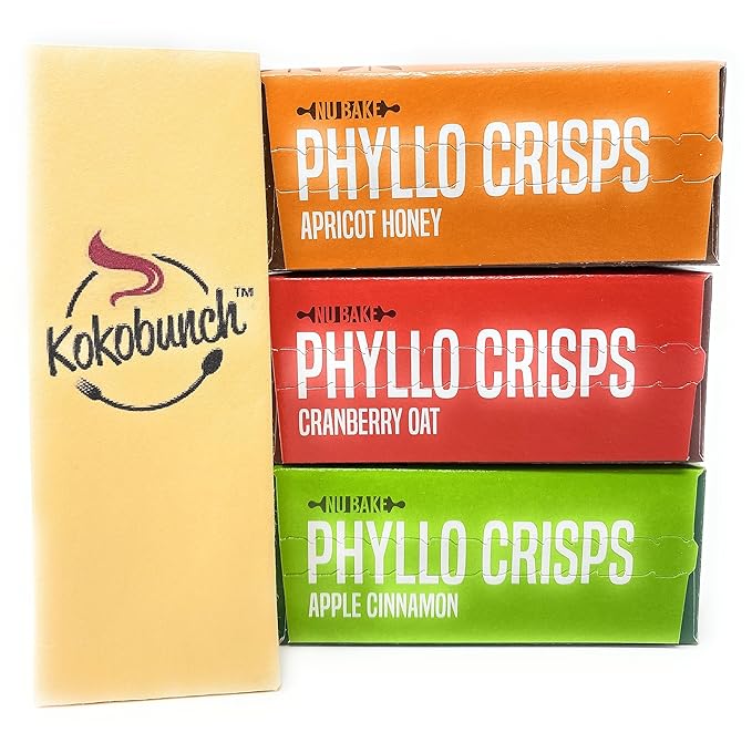 Phyllo Crisps Pastry Dough Sheets Crisp Snack Variety Bundle - Cranberry Oat Crisps Apricot Honey Apple Cinnamon with kokobunch kit by Nu Bake | 3 Pk - 2.8 oz