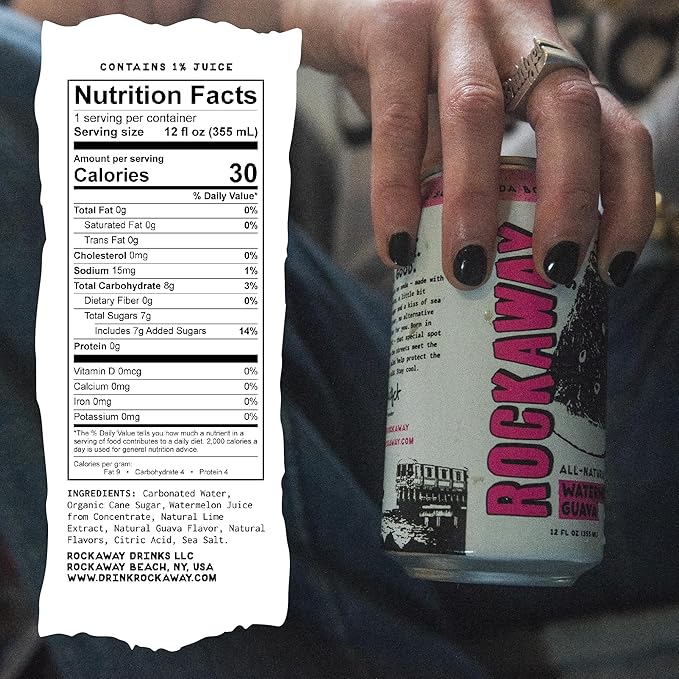 ROCKAWAY Watermelon Guava Soda Drinks - Low calorie drinks made from Real Fruit Juice, All Natural - Soda Pop Drinks Gluten Free, Vegan, GMO Free - 12oz (12 Pack)