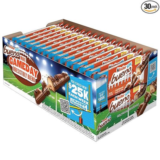Kinder Bueno Milk Chocolate Bars with Hazelnut Filling, 30 Packs of 2, Bulk Chocolate Candy Bars for Game Day, Football Party Supplies, Snacks for Adults, 1.4 oz Per Pack