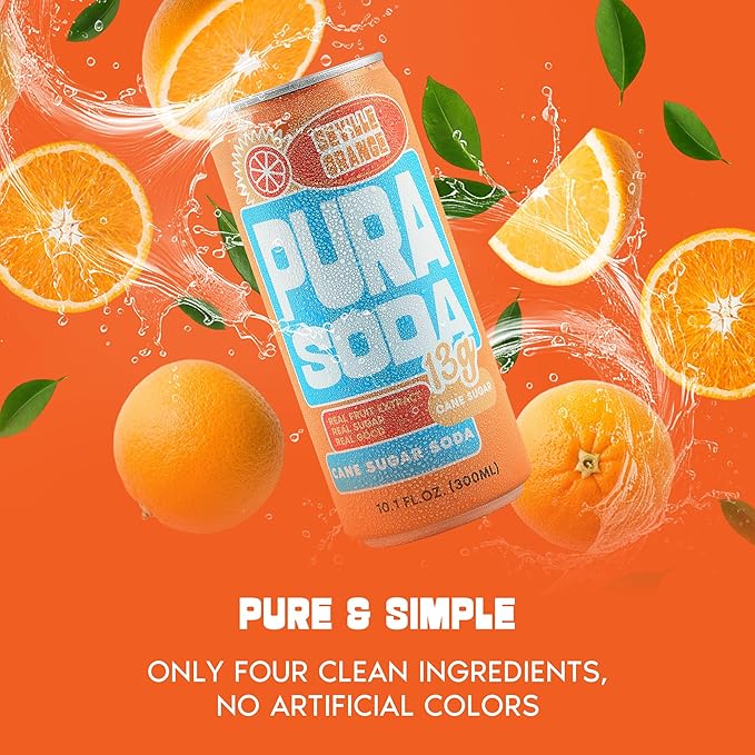PuraSoda® Seville Orange | Low-Calorie, Cane Sugar Soda, Beverage | Non-GMO, Vegan | Made with Pure Cane Sugar, Clean & Refreshing | 10.1 fl oz (300ml) Cans, Pack of 24