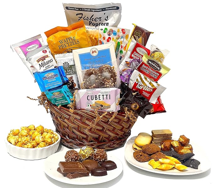 Hand-Crafted 22 Piece customizable chocolate gift basket of gourmet chocolates, cookies, and crunches. Tasty treats selected for businesses, clients, employees, birthdays, thank you and more!