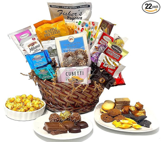 Hand-Crafted 22 Piece customizable chocolate gift basket of gourmet chocolates, cookies, and crunches. Tasty treats selected for businesses, clients, employees, birthdays, thank you and more!