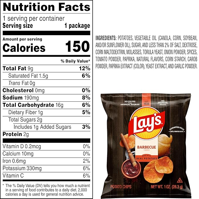 Lay's Barbecue Flavored Potato Chips, 1 oz Bags, (40 Pack) (Packaging and Formula May Vary)