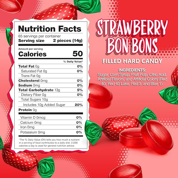 Strawberry Bon Bons Candy | 2 Pound Bag | Individually Wrapped Old Fashioned Hard Candies | Filled Retro Candy for Buffets, Party Favors, Reception & Office Jars