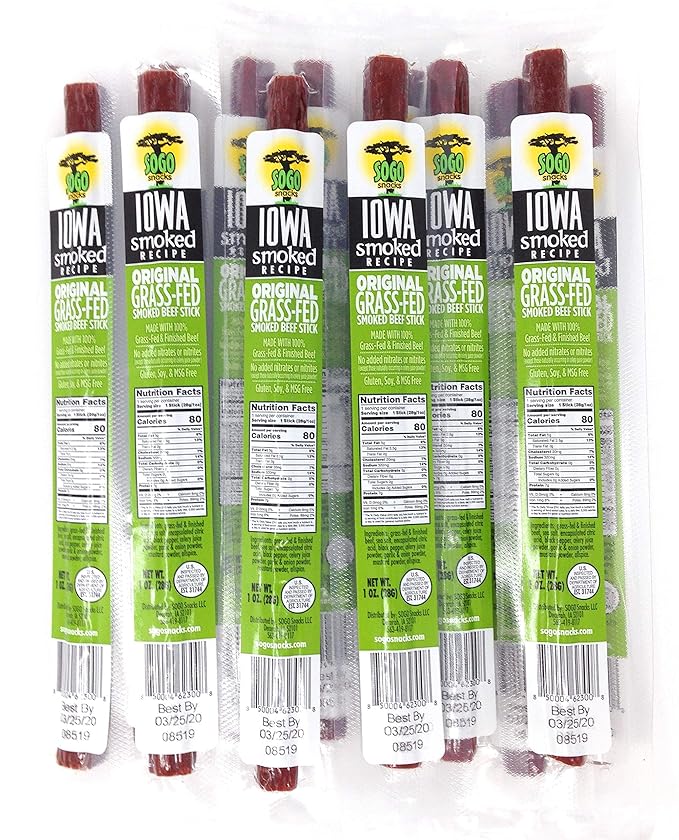 Original - Iowa Smoked Recipe, Sogo Snacks, Sugar Free Beef Jerky, Non-GMO Grass Fed Beef Sticks. No Nitrates, Gluten, Soy, MSG, Dairy, or Nuts. Paleo, Whole30, & Keto Snack (Original-ISR, 12 Cnt)