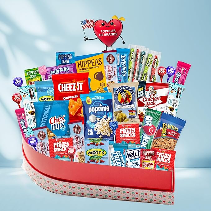 Gift A Snack - Valentines Day Heart Shape Snack Box Variety Pack Care Package + Greeting Card (40 Count) Birthday Sweet Treats Gift Basket, Candies Chips - Office Food Assortments