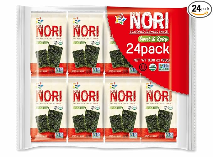 KIMNORI Seasoned Seaweed Snacks Sheets – Sweet ’N Spicy, 24 Individual Packs, Roasted Crispy Premium, 100% Natural Laver, 0.14 Ounce