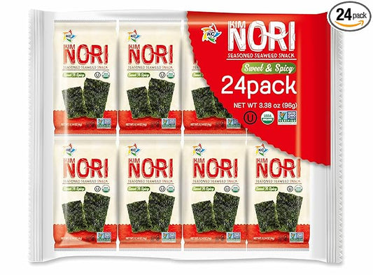 KIMNORI Seasoned Seaweed Snacks Sheets – Sweet ’N Spicy, 24 Individual Packs, Roasted Crispy Premium, 100% Natural Laver, 0.14 Ounce