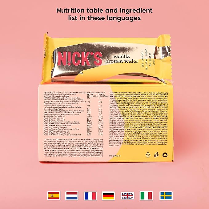 NICKS Protein Vanilla Wafer Bar | 25% Protein (10g) 203 Calories | Low Carb Vanilla Cookie Bar Snack with No Added Sugar, Gluten Free (24 bars x 40g)