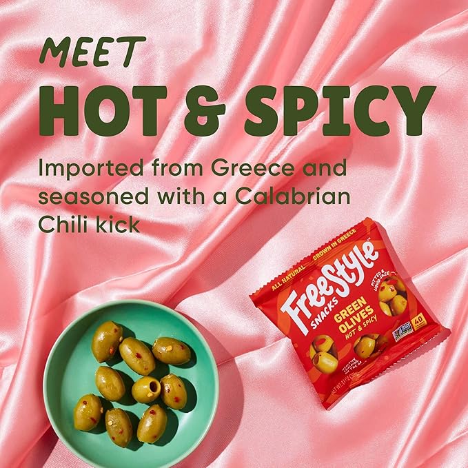 Freestyle Snacks Olive Snack Packs - 24 Pack Variety - Original Green, Hot & Spicy, Lemon Garlic, and Kalamata - Grown in Greece, All Natural, Non-GMO, Paleo, Sugar-Free, Keto Snack, 1.1oz (24 Pack)