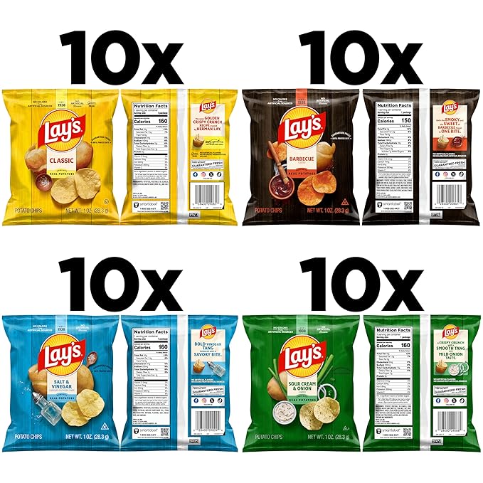 Lay's Potato Chips, 4 Flavor Variety Pack, 1 oz Single Serve Bags, (40 Pack)