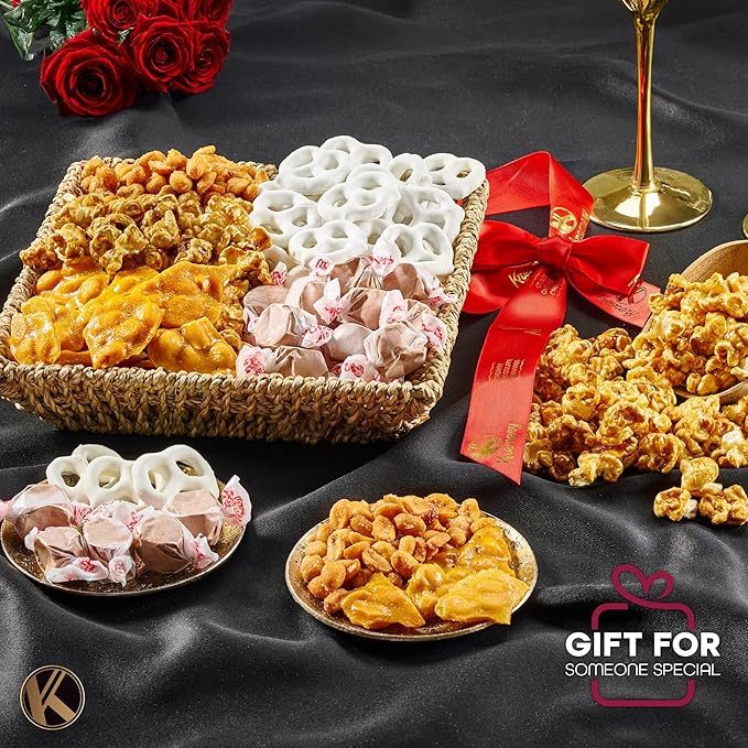 KREMERY Creamy Chocolate Cravings - Valentines Day Chocolate Covered Pretzels & Caramel Popcorn Gift Basket, in Seagrass Tray + Ribbon (Classic, 1.5 lbs) Sweet Treats Food Arrangement, Kosher