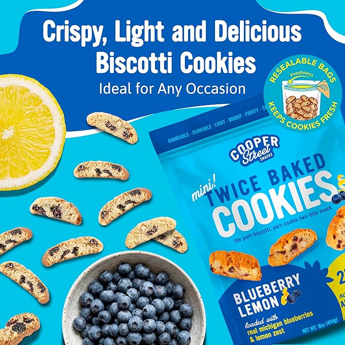 Cooper Street Twice-Baked Blueberry Lemon Biscotti Cookies (16 oz) – Over 50 Biscotti per Bag Loaded with Real Fruit, Italian Style Snacks Ideal with Coffee or Tea - Dairy, Peanut & Soy Free, Kosher