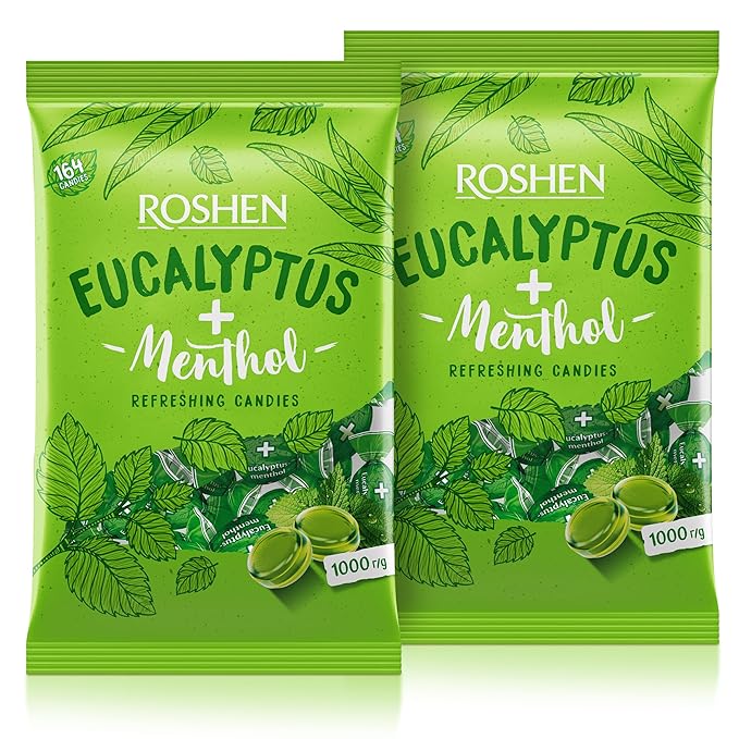 Roshen Eucalyptus-Menthol Hard Candy – Refreshing Mint & Eucalyptus Flavor, Individually Wrapped, Bulk 2.2 lbs (1 kg) Kosher, Halal, Soothing, Cooling Candy (Pack of 2)