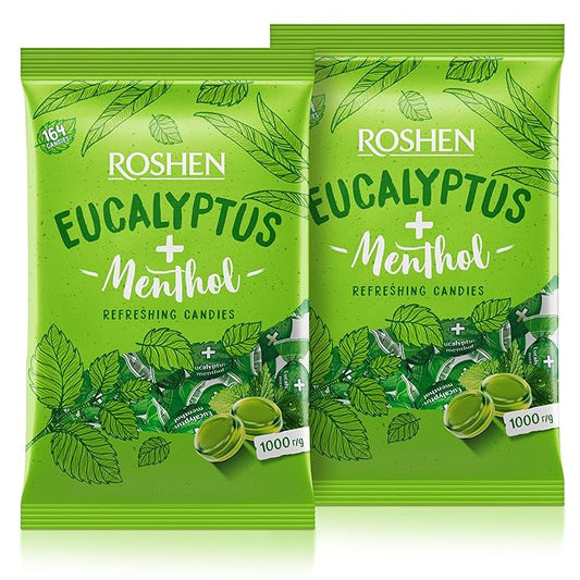 Roshen Eucalyptus-Menthol Hard Candy – Refreshing Mint & Eucalyptus Flavor, Individually Wrapped, Bulk 2.2 lbs (1 kg) Kosher, Halal, Soothing, Cooling Candy (Pack of 2)