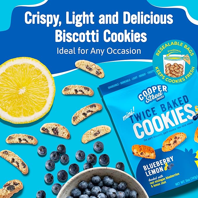 Cooper Street Twice Baked Lemon Blueberry Biscotti Cookies - Light, Crispy Mini Biscotti Cookies Ideal with Coffee - Traditional Low Calorie Italian Snacks - Kosher, Dairy, Peanut & Soy Free (6 Pack)
