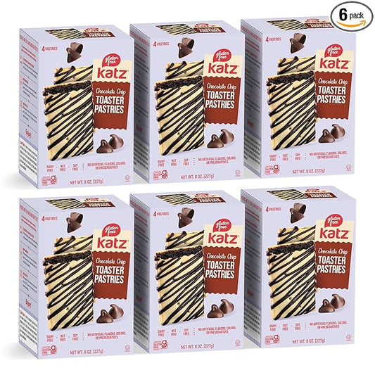 Katz Gluten Free Chocolate Chip Toaster Pastries. Breakfast Foods Snacks. Free of Dairy, Peanuts, Tree Nuts, and Sesame, No Artificial Color. Kosher. 8oz (6pk)