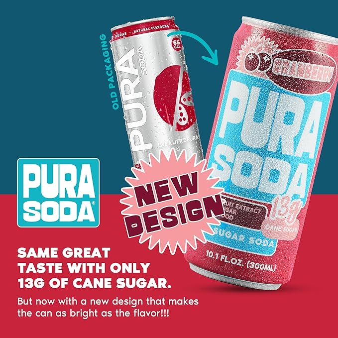 PuraSoda® Cranberry | Low-Calorie, Cane Sugar Soda Beverage | Non-GMO, Vegan | Made with Pure Cane Sugar, Clean & Refreshing | 10.1 fl oz (300ml) Cans, Pack of 24