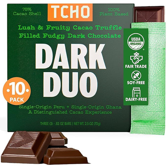 TCHO Dark Duo 75% Dark Chocolate Bars (10 pack) | Plant Based, Organic & Fair Trade, | Non GMO, Non-Dairy, Vegan Chocolate, Soy Free (2.5oz each)