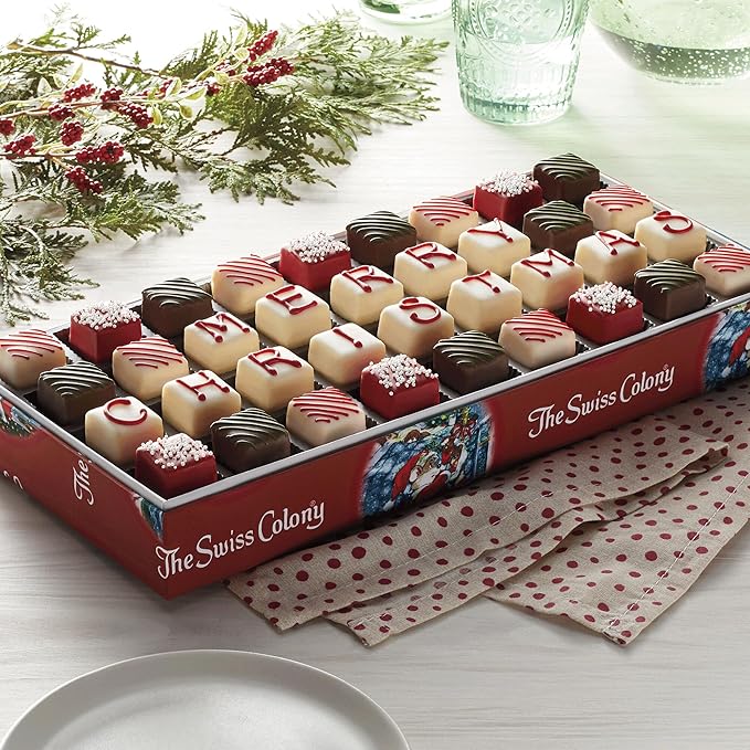 The Swiss Colony Merry Christmas Petits Fours Gourmet Mini Layer Cakes, Red Velvet, Strawberry, Double Chocolate, and Vanilla with Traditional Old Fashioned Candy Hard Candy, Raspberry Drops, and More
