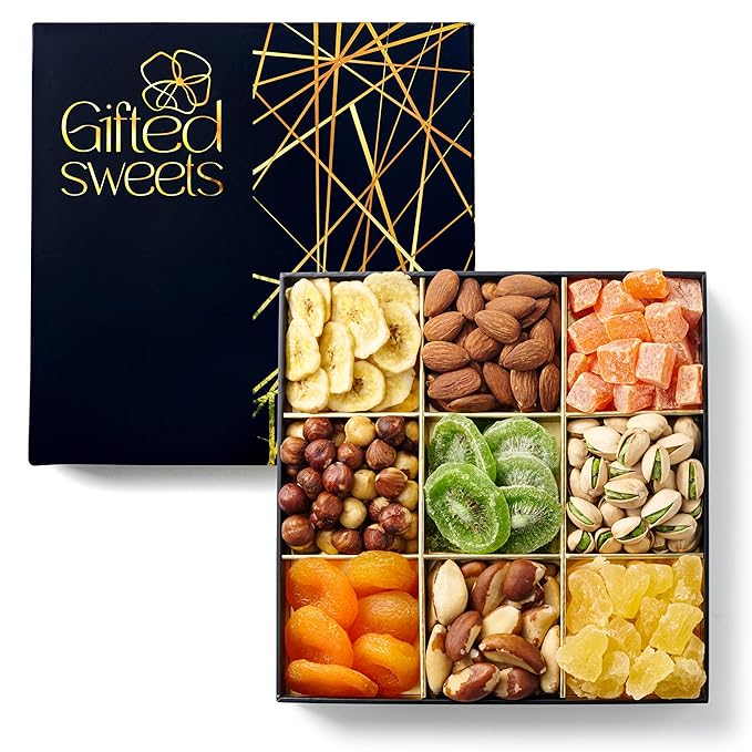 Valentines Day Dried Fruit & Nuts Gift Basket - 9 Variety Assortment Mix - Gourmet Dried Fruit and Nuts Snack Box, In An Elegant Gift Box for Birthday, Anniversary, Sympathy, for Men and Women