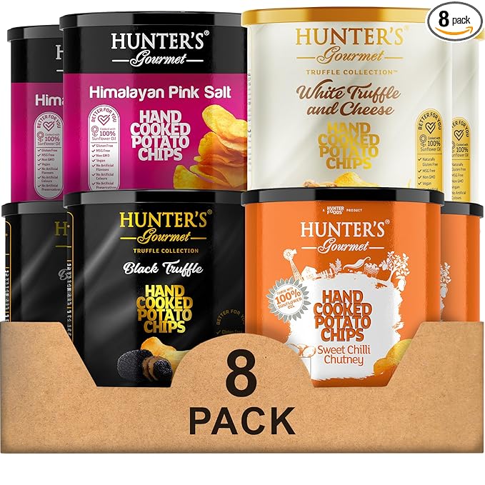 Hunter's Gourmet Hand-Cut Chips | Premium Snack Assortment | Made in a Nut-Free Facility | No Cholesterol | MSG-Free | Halal | No Artificial Preservatives | Gluten-Free Snacks | Variety Pack of 8