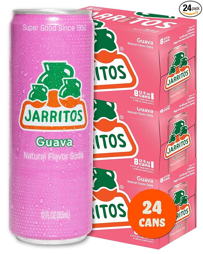 Jarritos - Mexican Soda Soft Drinks, Guava (12 oz, 355ml) 24 Cans (3 Boxes of 8) - Made with Real Cane Sugar - 0g Fat - Made in Mexico - Natural Flavor Soda Pop - Party & BBQ Beverages