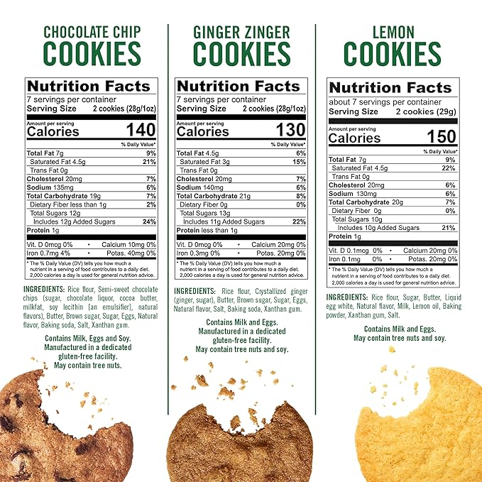 Tate's Bake Shop Gluten Free Cookies Variety Pack, Lemon, Ginger Zinger and Chocolate Chip Cookies, 4-7 oz Bags