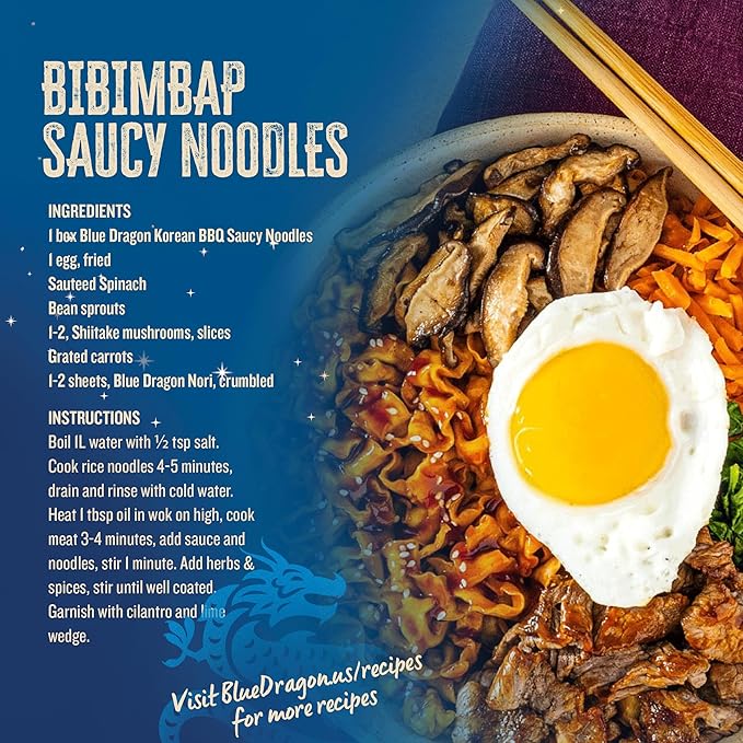 Blue Dragon Korean BBQ Saucy Noodles 4.2 oz (Pack of 3) – Knife-Cut Noodles with Korean-Style BBQ Sauce – Air-Dried, Never Fried – Vegetarian Friendly